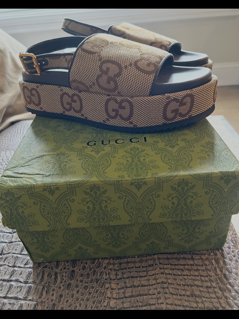 Gucci GG Canvas Slide Sandals with Ankle Strap - Picture 1 of 9